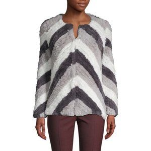 STELLA + LORENZO Striped Faux Fur Jacket Sz M Grey White Plush